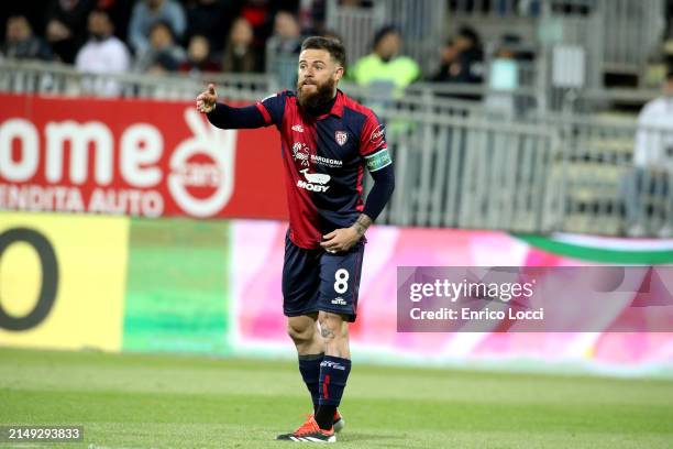 Nahitan Nandez of Cagliari reacts during the Serie A TIM match between Cagliari and Juventus at Sardegna Arena on April 19, 2024 in Cagliari, Italy.