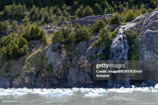 waterfall, floating ice, lago grey, torres del paine national park, parque nacional torres del paine, cordillera del paine, towers of the blue sky, region de magallanes y de la antartica chilena, ultima esperanza province, unesco biosphere reserve - magallanes y antartica chilena regio stockfoto's en -beelden