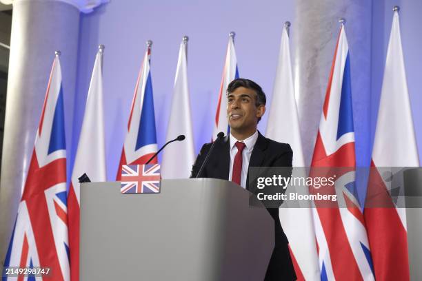 Rishi Sunak, UK prime minister, during a news conference with Donald Tusk, Poland's prime minister, not pictured, in Warsaw, Poland, on Tuesday,...