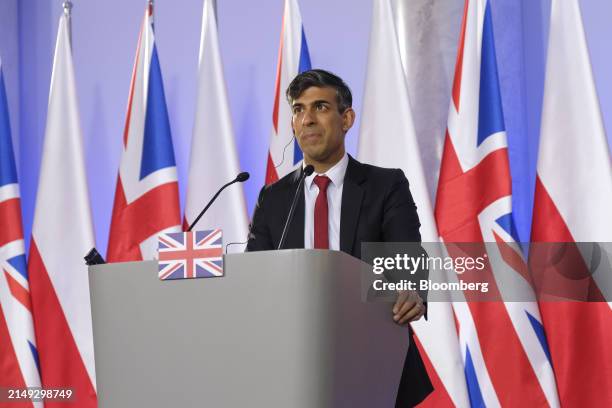 Rishi Sunak, UK prime minister, during a news conference with Donald Tusk, Poland's prime minister, not pictured, in Warsaw, Poland, on Tuesday,...