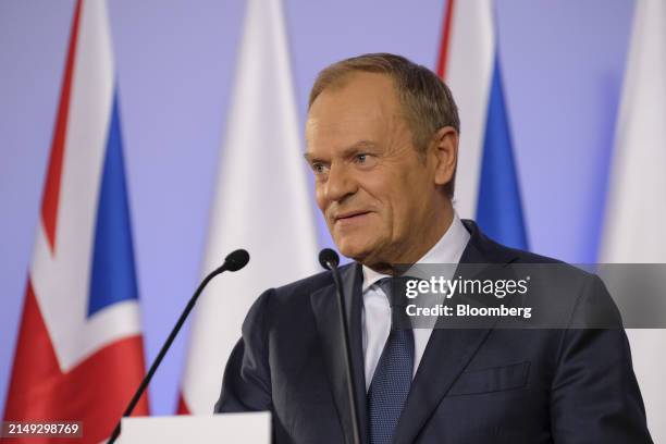 Donald Tusk, Poland's prime minister, during a news conference with Rishi Sunak, UK prime minister, not pictured, in Warsaw, Poland, on Tuesday,...