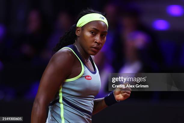 Coco Gauff of United States celebrates against Marta Kostyuk of Ukraine during the quarter-final match on day five of the Porsche Tennis Grand Prix...