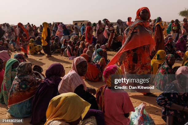Newly arrived refugees from Darfur in Sudan, gather at a relocation camp near the border on April 19, 2024 in Adre, Chad. Since the beginning of the...