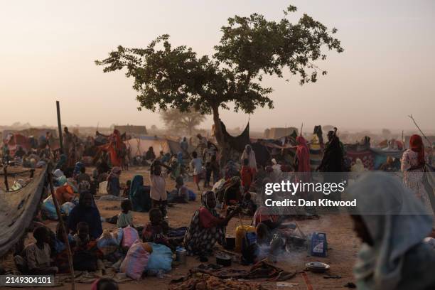 Newly arrived refugees from Darfur in Sudan, gather at a relocation camp near the border on April 19, 2024 in Adre, Chad. Since the beginning of the...