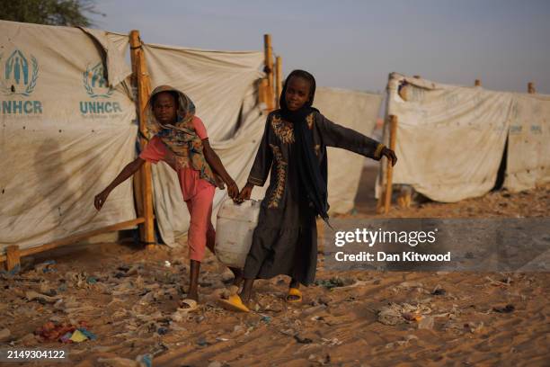 Newly arrived refugees from Darfur in Sudan, gather at a relocation camp near the border on April 19, 2024 in Adre, Chad. Since the beginning of the...