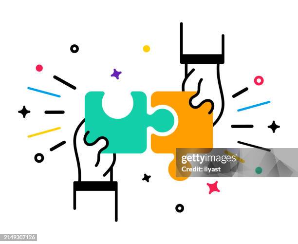 two hands connecting puzzle pieces - equality stock illustrations