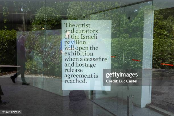 Sign is displayed at the Israel Pavilion at Giardini during the 60th Biennale Art 2024 on April 19, 2024 in Venice, Italy.