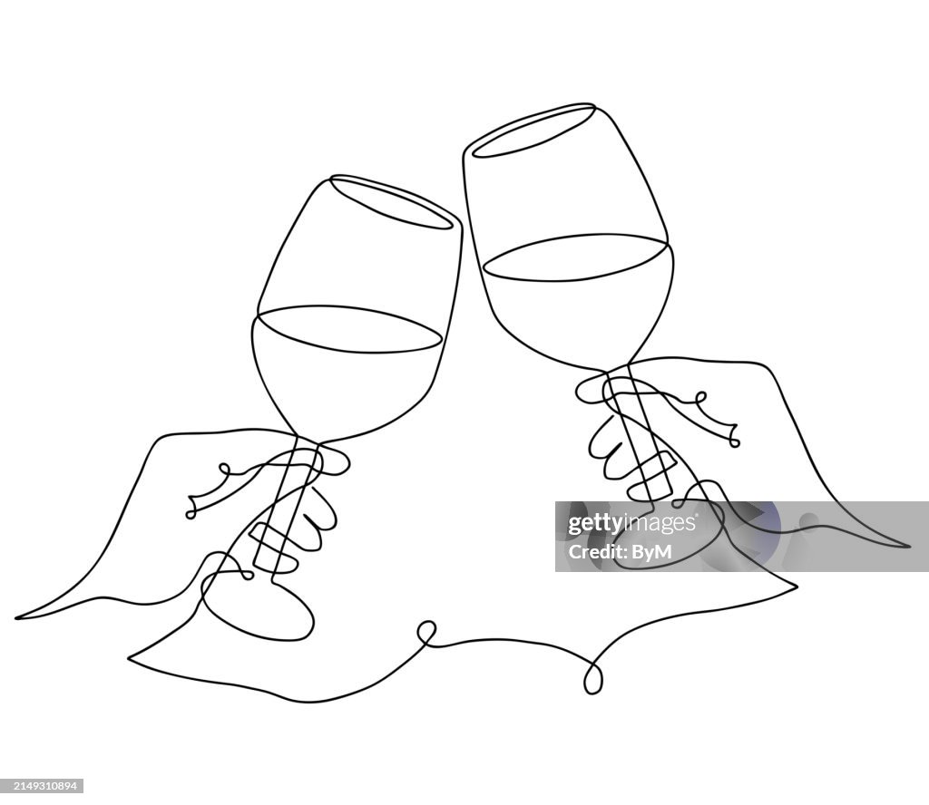 Handgezeichnete Hände halten Wein klirrende Gläser eine Strichzeichnung, kontinuierliche Zeichnungskontur