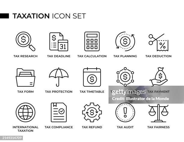 ilustraciones, imágenes clip art, dibujos animados e iconos de stock de el conjunto de iconos de línea delgada del concepto de impuestos contiene iconos como fecha límite de impuestos, cálculo de impuestos, planificación fiscal, deducción de impuestos, pago de impuestos, reembolso de impuestos, etc - formulario de impuestos