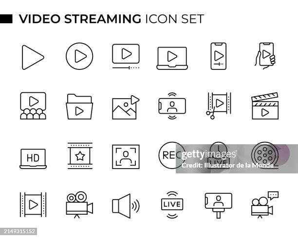 ilustraciones, imágenes clip art, dibujos animados e iconos de stock de conjunto de iconos de línea delgada de concepto de video - evento en vivo