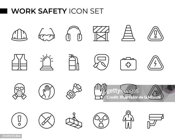 ilustrações de stock, clip art, desenhos animados e ícones de work safety concept thin line icon set contains such icons as work helmet, hazard symbol, alarm, fire extinguisher, protective workwear, work accident, radioactive sign and so on - acidente conceito