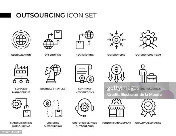 illustrations, cliparts, dessins animés et icônes de l’ensemble d’icônes outsourcing concept thin line contient des icônes telles que la délocalisation, la chaîne d’approvisionnement, le contrat, le coût, la fabrication, la logistique, etc - externalisation