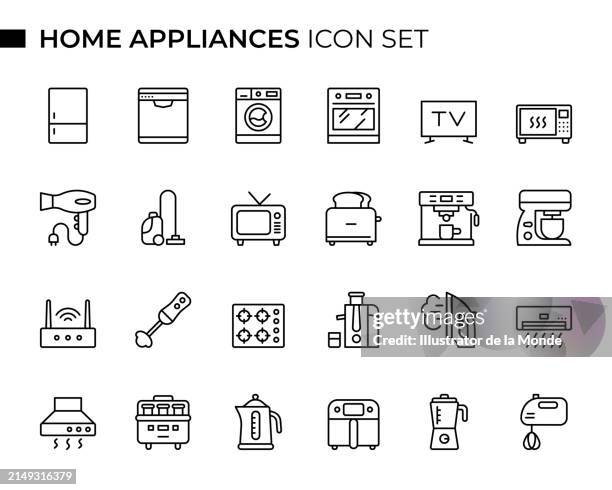 ilustraciones, imágenes clip art, dibujos animados e iconos de stock de el conjunto de iconos de línea delgada del concepto de electrodomésticos contiene iconos como refrigerador, lavavajillas, lavadora, horno, tv, microondas, secador de pelo, aspiradora, tostadora, etc - lavadora