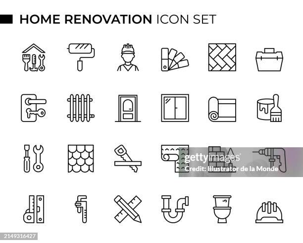 ilustraciones, imágenes clip art, dibujos animados e iconos de stock de el conjunto de iconos de línea delgada del concepto de renovación del hogar contiene iconos como pincel, papel tapiz, reparación, herramienta de trabajo, llave inglesa, casco, mejoras para el hogar, bricolaje, pisos, etc - suelo embaldosado