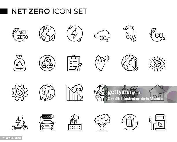 ilustrações de stock, clip art, desenhos animados e ícones de net zero concept thin line icon set contains such icons as zero waste, global warming, co2 emission, carbon footprint, recycling, biofuel and so on - pegada ecológica