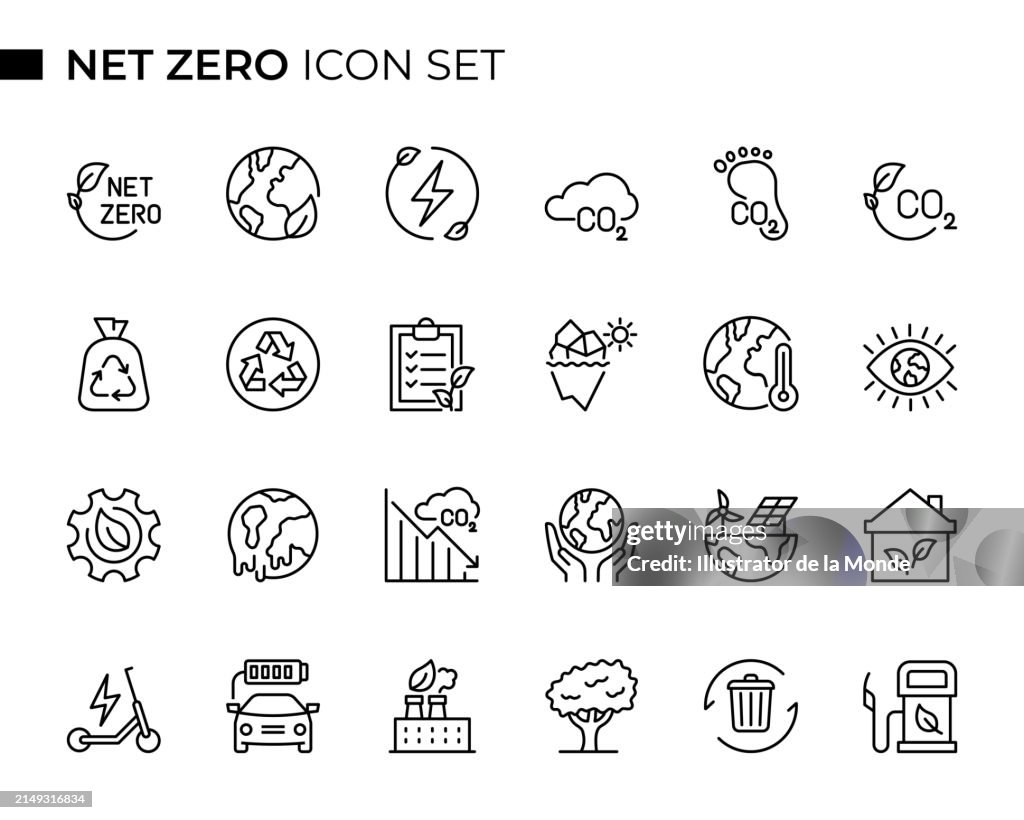 Net Zero Concept Thin Line Icon Set contains such icons as Zero Waste, Global Warming, CO2 Emission, Carbon Footprint, Recycling, Biofuel and so on