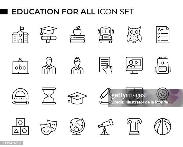 illustrations, cliparts, dessins animés et icônes de l’ensemble d’icônes de ligne mince du concept education for all contient des icônes telles que le bâtiment scolaire, le mortier, le diplôme, les livres, le bus scolaire, le hibou, l’examen éducatif, le tableau noir, l’enseignant, les devoirs, - owl books