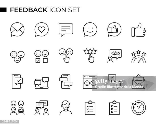 illustrations, cliparts, dessins animés et icônes de l’ensemble d’icônes de ligne mince de feedback concept contient des icônes telles que le témoignage, l’enquête, le questionnaire, la satisfaction, le commentaire, la performance, etc - expertise