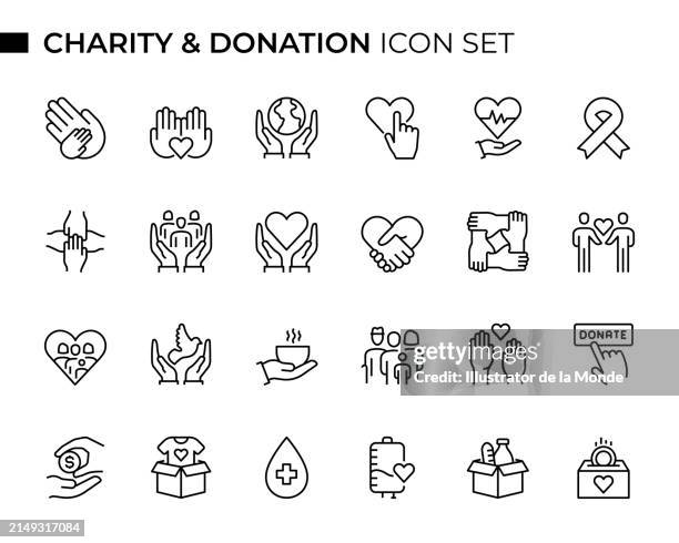 ilustrações de stock, clip art, desenhos animados e ícones de charity and donation concept thin line icon set contains such icons as togetherness, volunteer, altruism, shelter, blood donation, community and so on - empatia