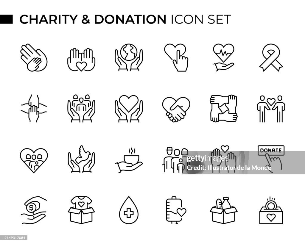 Charity and Donation Concept Thin Line Icon Set contains such icons as Togetherness, Volunteer, Altruism, Shelter, Blood Donation, Community and so on