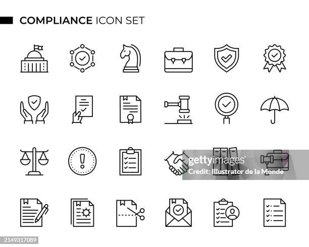 stockillustraties, clipart, cartoons en iconen met compliance concept thin line icon set contains such icons as government, approve, requirements, legal system, contract, strategy, instructions and so on - conformiteit