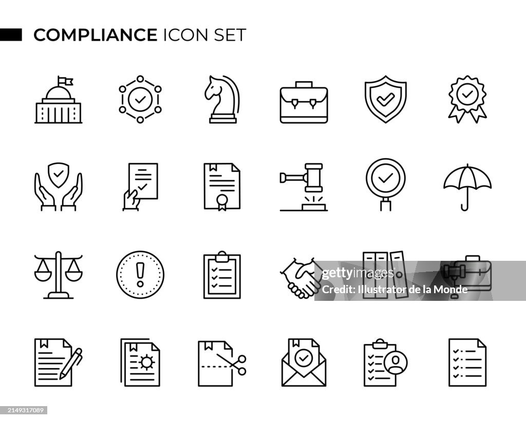 Compliance Concept Thin Line Icon Set contains such icons as Government, Approve, Requirements, Legal System, Contract, Strategy, Instructions and so on