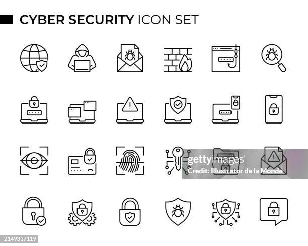 cyber security concept thin line icon set enthält symbole wie cyberkriminalität, hacker, firewall, phishing, computervirus, digitale authentifizierung, spyware, passwort, verschlüsselung und so weiter - computervirus stock-grafiken, -clipart, -cartoons und -symbole