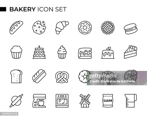 bakery concept thin line icon set contains such icons as bread, cookie, croissant, doughnut, waffle, cupcake, pancake, wedding cake and so on - pancake stock illustrations