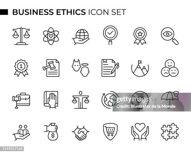 business ethics concept thin line icon set enthält symbole wie moral, grundwerte, csr, transparenz, qualität, zuverlässigkeit, verantwortlichkeit, regeln und so weiter - umweltverantwortung stock-grafiken, -clipart, -cartoons und -symbole