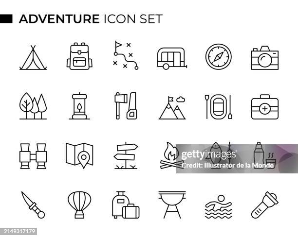 stockillustraties, clipart, cartoons en iconen met adventure concept thin line icon set contains such icons as backpack, tent, caravan, compass, tree, binoculars, axe, map, and so on - bijl