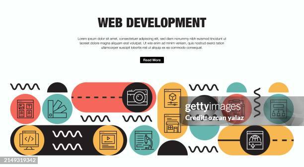 web development related vector banner design concept. global multi-sphere ready-to-use template. web banner, website header, magazine, mobile application etc. modern design. - responsive web design stock illustrations