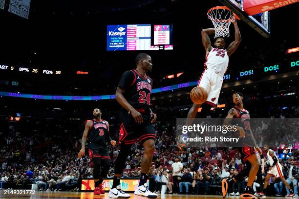 Haywood Highsmith of the Miami Heat dunks the ball against the Chicago Bulls in the first quarter during the Play-In Tournament at Kaseya Center on...