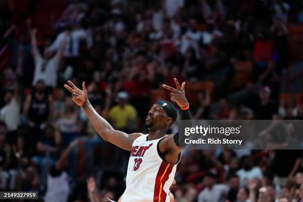 Bam Adebayo of the Miami Heat celebrates scoring a three-pointer against the Chicago Bulls in the third quarter during the Play-In Tournament at...
