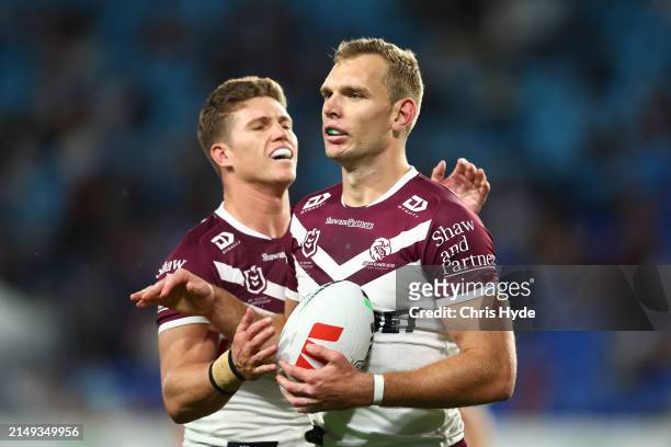 Tom Trbojevic of the Sea Eagles celebrates a try during the round seven NRL match between Gold Coast Titans and Manly Sea Eagles at Cbus Super...