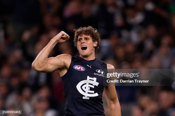 Charlie Curnow of the Blues celebrates a goal during the round six AFL match between Carlton Blues and Greater Western Sydney Giants at Marvel...