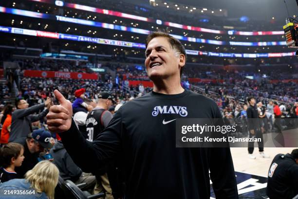 Mark Cuban attends the Round 1 Game 2 of the 2024 NBA Playoffs between the Los Angeles Clippers and the Dallas Mavericks game at Crypto.com Arena on...