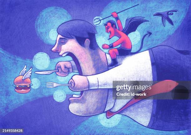 red evil riding hungry businessman who chasing flying hamburger - burger mid air stock illustrations