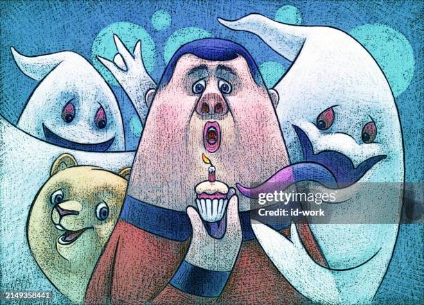 fat man holding cupcake with cat and ghosts - holding kitten stock illustrations
