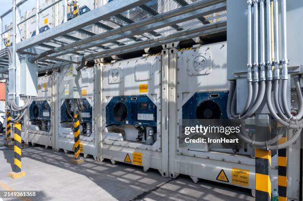 reefer shipping container with plug socket. - refrigerator truck stock pictures, royalty-free photos & images