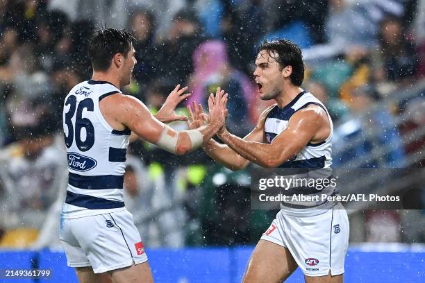 Jack Bowes of the Cats celebrates kicking a goal during the round nine AFL match between Brisbane Lions and Geelong Cats at The Gabba, on April 20 in...