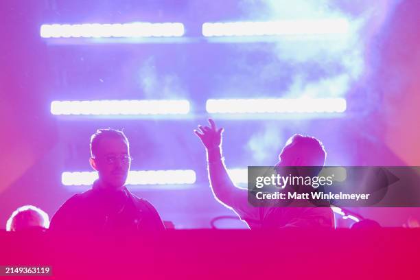 James Hunt and Jon George of Rüfüs Du Sol perform at the Quasar stage at the 2024 Coachella Valley Music And Arts Festival weekend 2 day 1 at Empire...