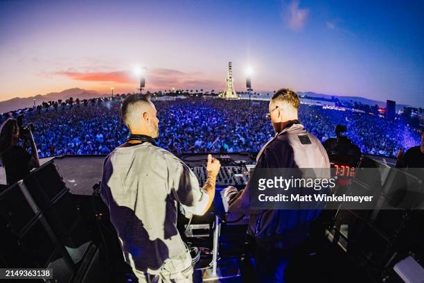 Jon George and James Hunt of Rüfüs Du Sol perform at the Quasar stage at the 2024 Coachella Valley Music And Arts Festival weekend 2 day 1 at Empire...
