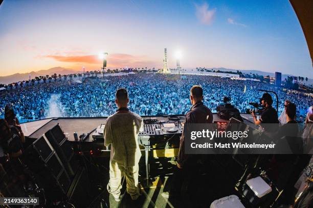 Jon George and James Hunt of Rüfüs Du Sol perform at the Quasar stage at the 2024 Coachella Valley Music And Arts Festival weekend 2 day 1 at Empire...