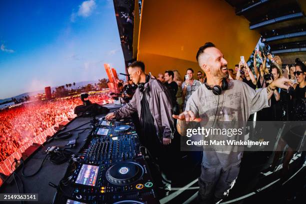 James Hunt and Jon George of Rüfüs Du Sol perform at the Quasar stage at the 2024 Coachella Valley Music And Arts Festival weekend 2 day 1 at Empire...