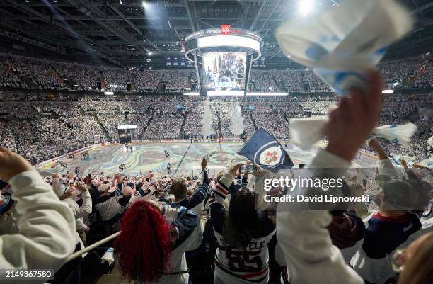 Winnipeg Jets fans cheer on their team as they get set to face off against the Colorado Avalanche in Game Two of the First Round of the 2024 Stanley...