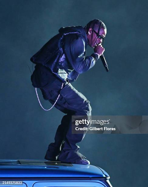 Travis Scott performs at the Mercedes-Benz all new G-Class Los Angeles star-studded world premiere held at Franklin Canyon Park on April 23, 2024 in...
