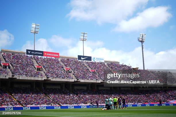 General view of the players and match officials waiting for a Video Assistant Referee review during the UEFA Women's Champions League 2023/24...