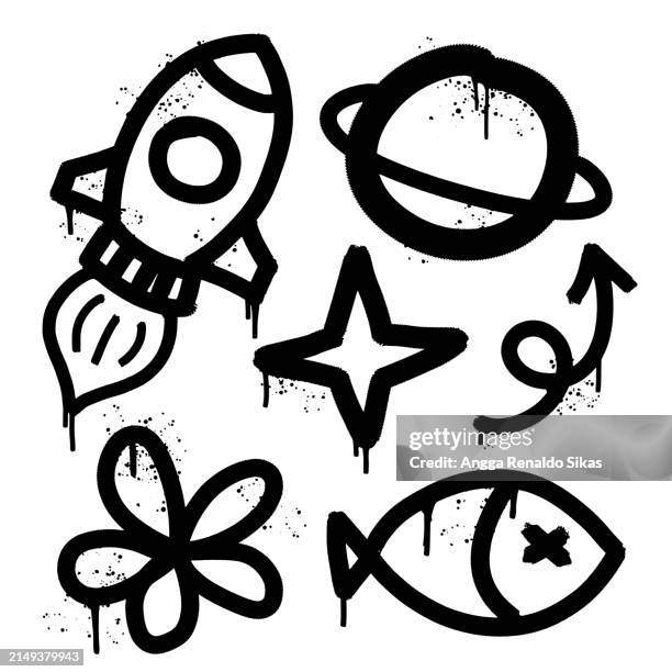 stockillustraties, clipart, cartoons en iconen met doodle funky graffiti symbols. rocket, saturn, arrow, flower and dead fish - streetart