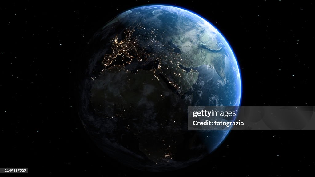 Planet Earth Seen From Space. View of City Lights at Night in Europe