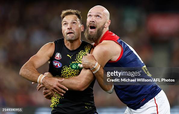Toby Nankervis of the Tigers and Max Gawn of the Demons compete for ...